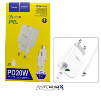 CARGADOR HOCO C80A 20W CARGA RÁPIDA DOBLE USB + TIPO C - TIPO C BLANCO