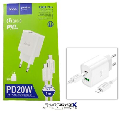 CARGADOR HOCO C80A 20W CARGA RÁPIDA DOBLE USB + TIPO C - LIGHTNING BLANCO