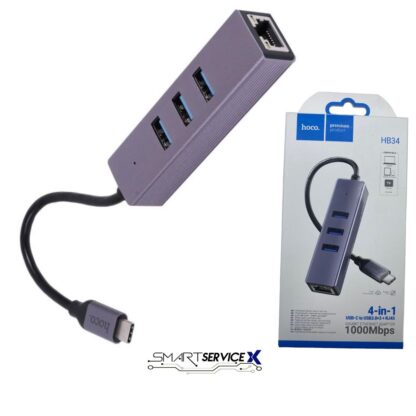 ADAPTADOR HUB USB-C A ETHERNET RJ45 + USB 3.0X3 HOCO HB34